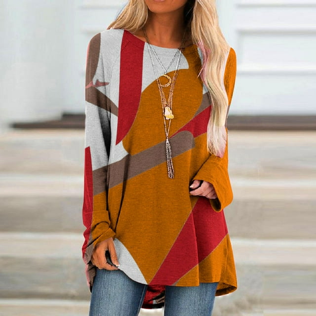 Meichang Tuniques pour Femmes Tendance T-Shirt à Blocs de Couleur Blouse Décontractée à Col Rond Chandails Amples à Manches Longues Tuniques à Enfiler à Imprimé Géométrique