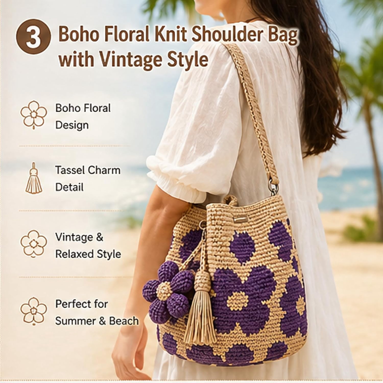 Handmade Crochet Flower Tote Bag for Women, Boho Floral Knit Shoulder Bag, Lightweight Crochet Purse with Tassel Charm