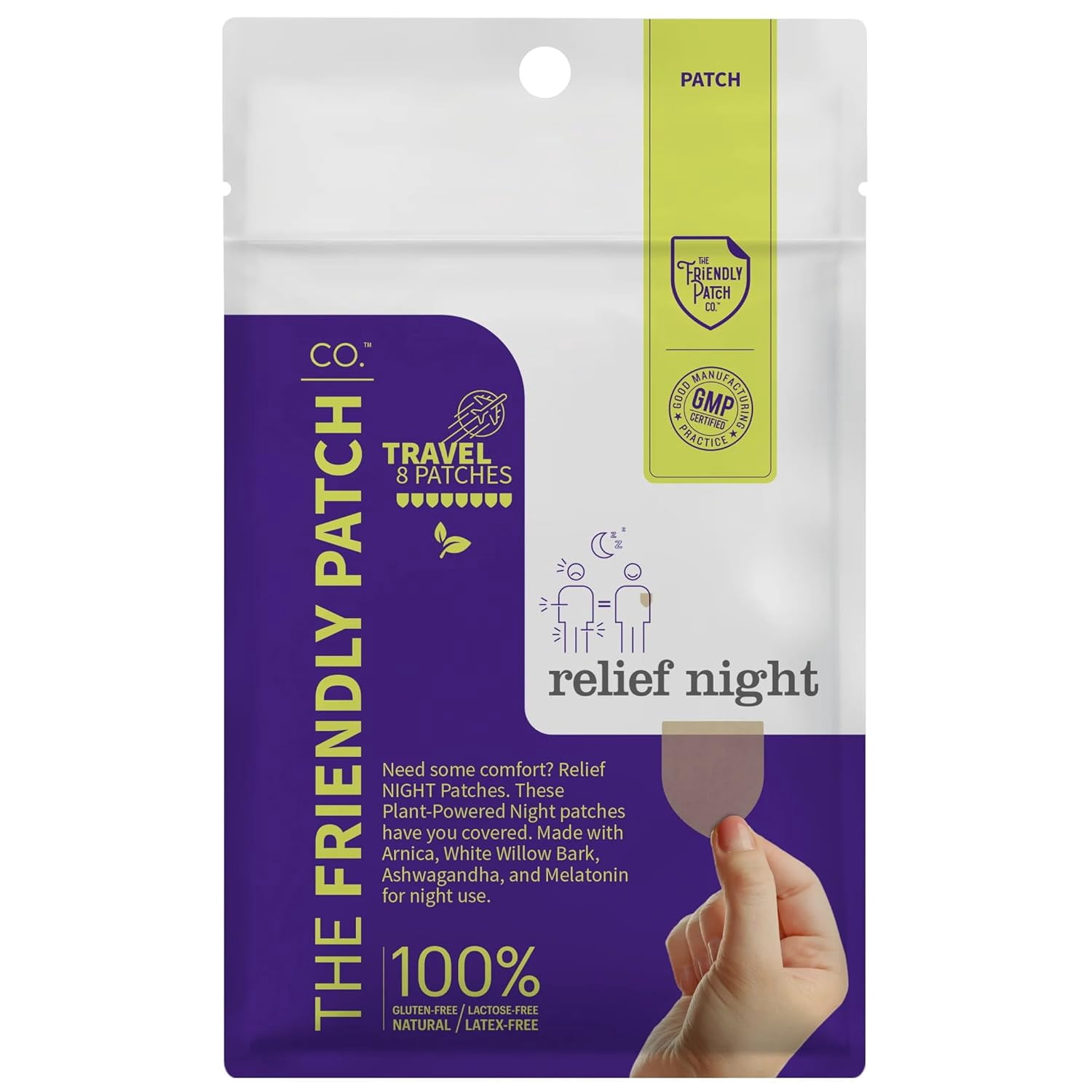 The Friendly Patch Relief Night, Pain Patches 8 Count, Arnica, Melatonin, Body Part that hurts, sleep Patches