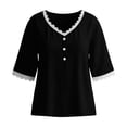 thumbnail image 5 of Otntypg Womens Linen Tops Elbow Length Sleeve Lace Trim Button V Neck T-shirt Dressy Casual Work Blouses Summer Outfits Beach Vacation Tunic Tees Shirt Black XL, 5 of 7