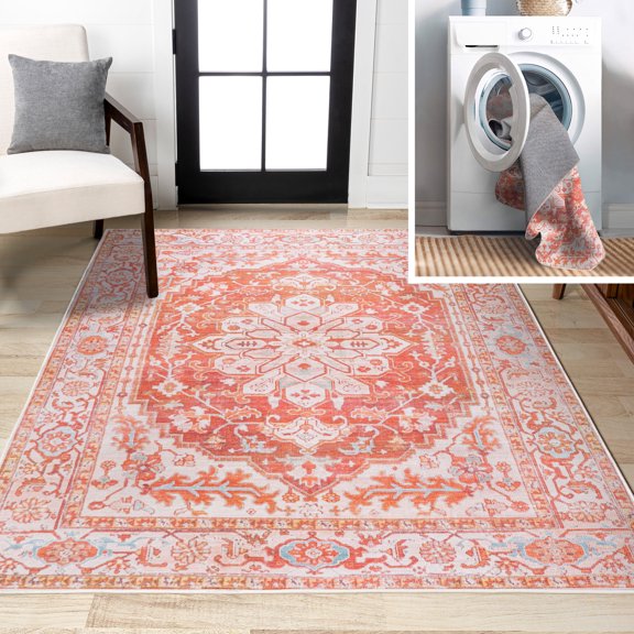 JONATHAN Y WASHABLE 5 x 8 Area Rug, Asa Ornate Medallion - Orange/Cream, WSH108A-5