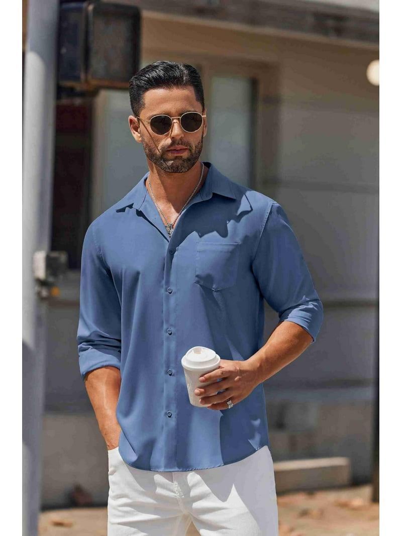 untucked dress shirts for men Wrinkle-Free Bordeaux Shirt Blue & White Stripe this soft Slim Fit Untucked Shirts |