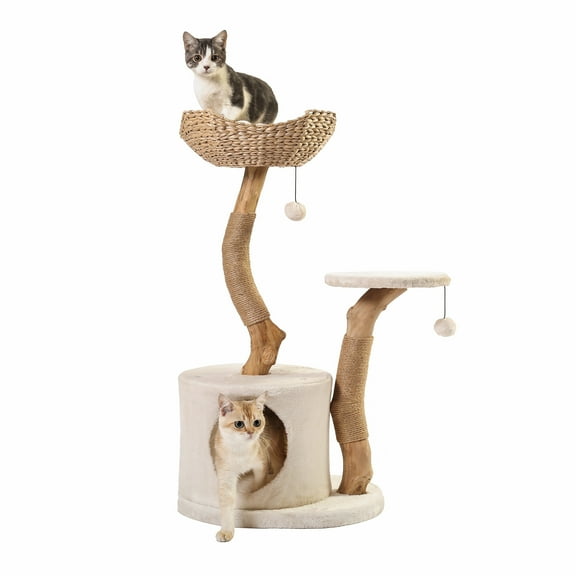 KONELCARE Wood Cat Tree-Modern Cat Tower with Hiding Enclosure,White