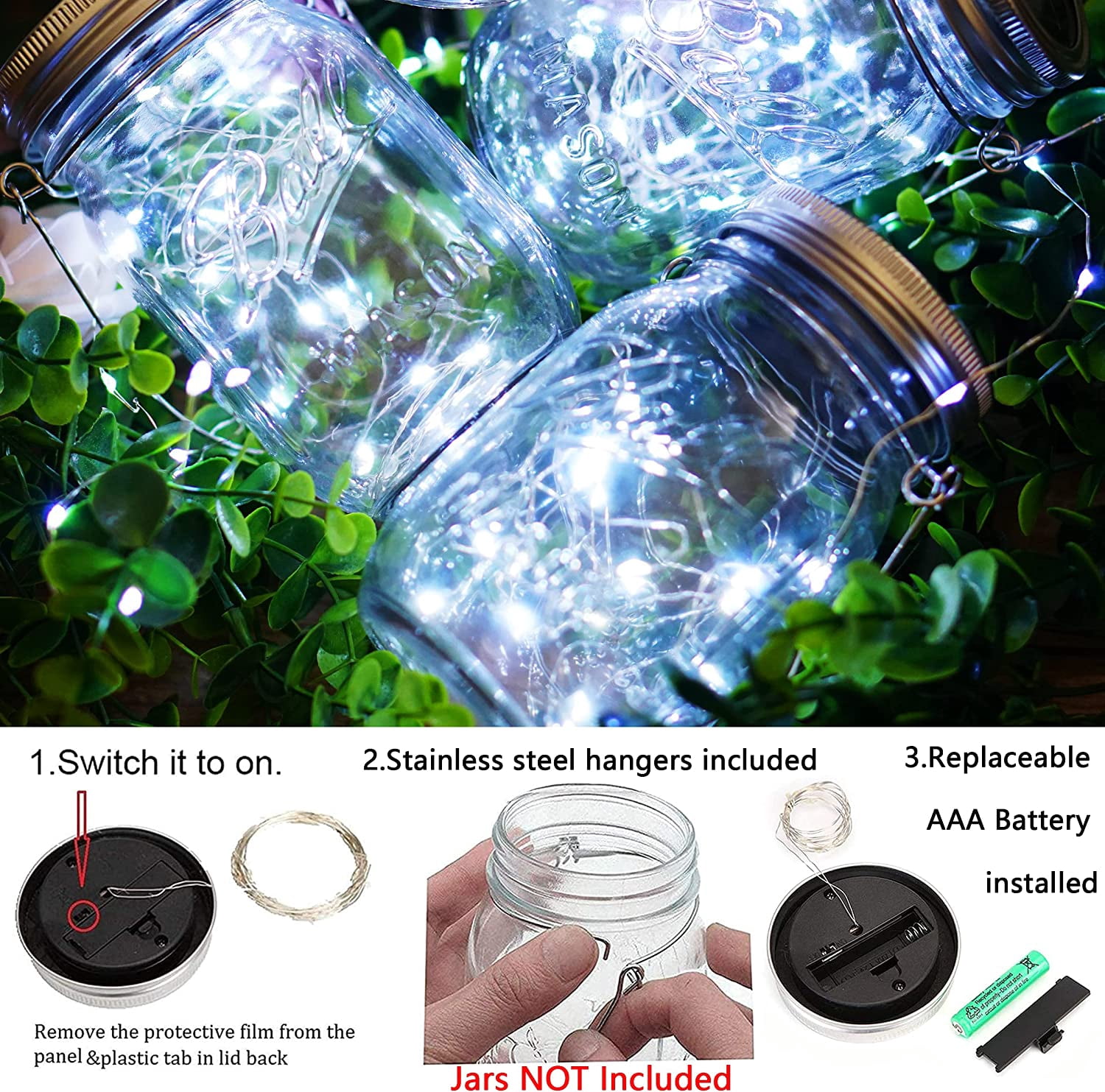 Soapow Mason Jar Solar Lights 3m 30 LED, 6 Pack Hanging Solar Mason Jar Lantern Outdoor, Waterproof Fairy Lights Solar Lamp with 6 Handles for Patio Garden Wedding Yard, Cool White (No Jars)