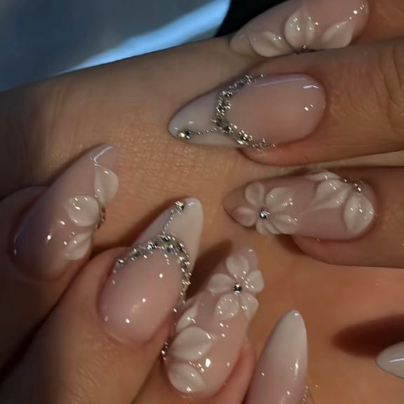 Cross-border flash diamond explosion flash wearing nail art 3D flower almond nail French white gradual change nail piece fake nail wholesale