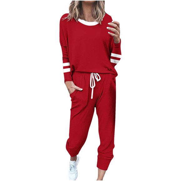Moxiu Spring Color Block Sweat Set Women - 2 Piece Long Sleeve Wide Leg Casual Lounge Outfit Red,XXXXL