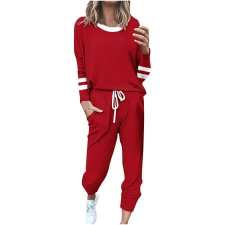 Women s Two Piece Set Fall 2025 Long Sleeve Striped Tops Drawstring Sweatpants Jogger Set Casual Comfy Outfits with pickets (5XL Red)