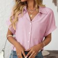 thumbnail image 6 of Aloohaidyvio Button Down Shirt Women Cotton Short Sleeve Blouses V Neck Collared Button Up Summer Beach Tops Pink, 6 of 6