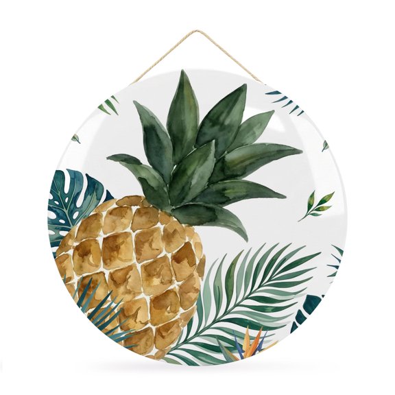 Welcome Sign for Front Door, Tropical Plants Round Metal Wall Art Wreaths, Watercolor Pineapple Jungle Palm Leaves Outdoor Indoor Wall Hanging Sign for Porch Decor Housewarming Gifts 11.8 Inch