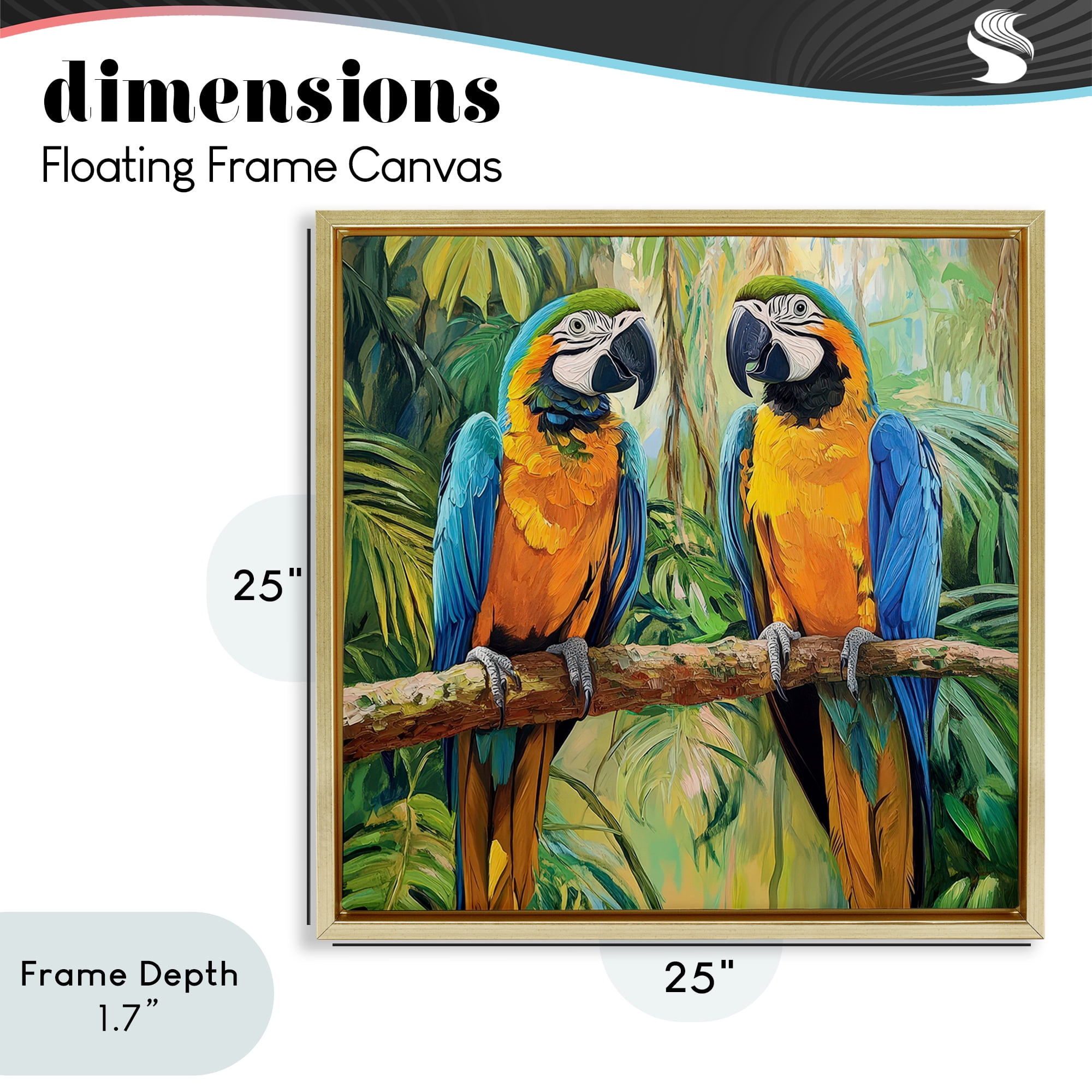 Stupell Industries Two Macaws Among Foliage Gold Framed Floater Canvas Wall Art, design by Petal Prints Design