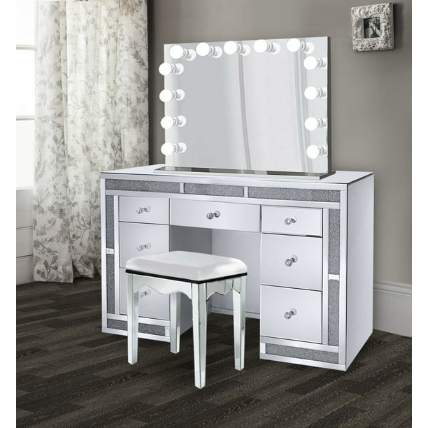 Glam 1 2crt Crystal Makeup Vanity Set Includes Glam Hollywood Mirror Makeup Table With Multi Drawers Walmart Com Walmart Com