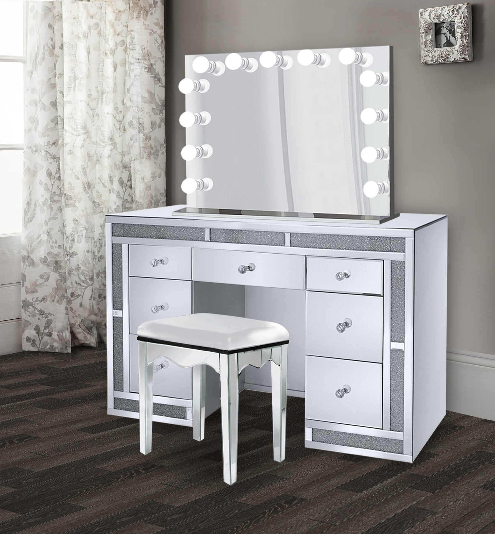 Glam 1.2CRT Crystal Makeup Vanity Set Includes Glam Hollywood Mirror 