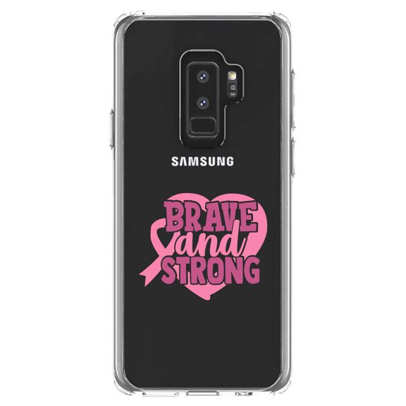 DistinctInk Clear Shockproof Hybrid Case for Samsung Galaxy S9  PLUS (6.2" Screen) - TPU Bumper Acrylic Back Tempered Glass Screen Protector - Pink Ribbon Cancer - Brave & Strong
