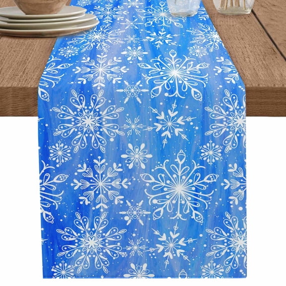 nqOlkjepod Blue Christmas Table Runner 90 Inches Long Farmhouse Dress Scarves, Watercolor Winter White Snow Pattern Dining Tablerunner for Coffee Table/Kitchen Island/Party Décor, 13" x 90"