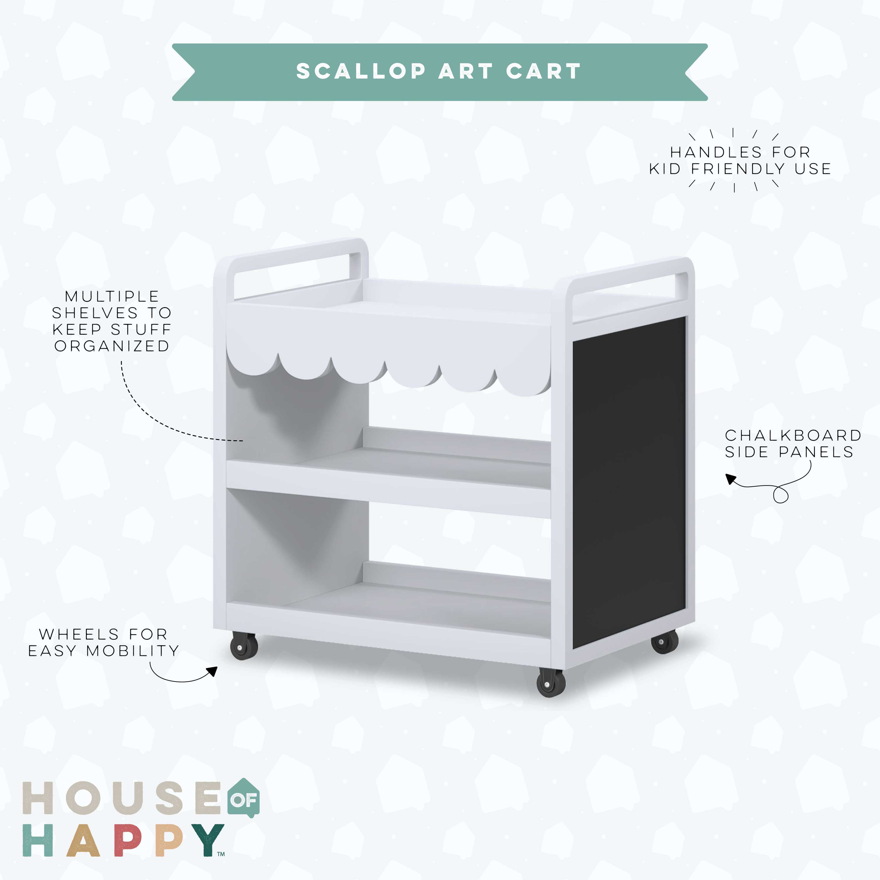 House of Happy Scallop Art Cart , White for Kids Classroom, Kids Playroom or Kids Bedroom