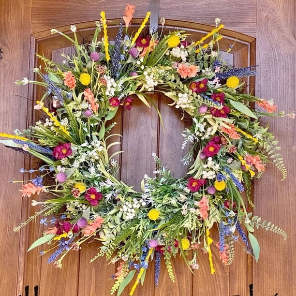 Corona De Puerta De Primavera Guirnalda decorativa de flores silvestres artificiales para primavera y verano, decoración para puerta (35 cm) Wdftyju Libre de BPA