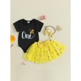 thumbnail image 4 of BemeyourBBs Infant Baby Girl First Birthday Outfit 1st Years Old Birthday Clothes Bee Letter Print Crew Neck Short Sleeve Romper Mesh Skirt and Bow Headband 3 Pcs Set, 4 of 9
