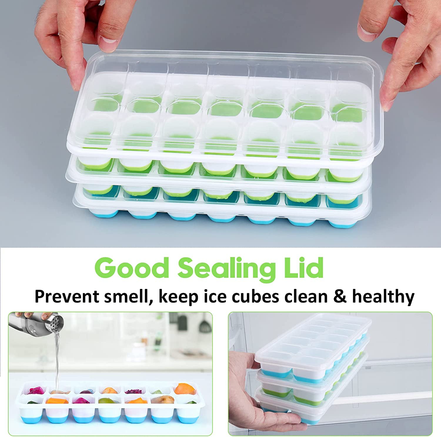 Cosogreen Silicone Ice Cube Trays with Lid 2 Pack-48 Nuggests Easy-Release  Flexible Ice Cube Molds Stackable for Freezer,Cocktail,Whiskey,Juice,Baby