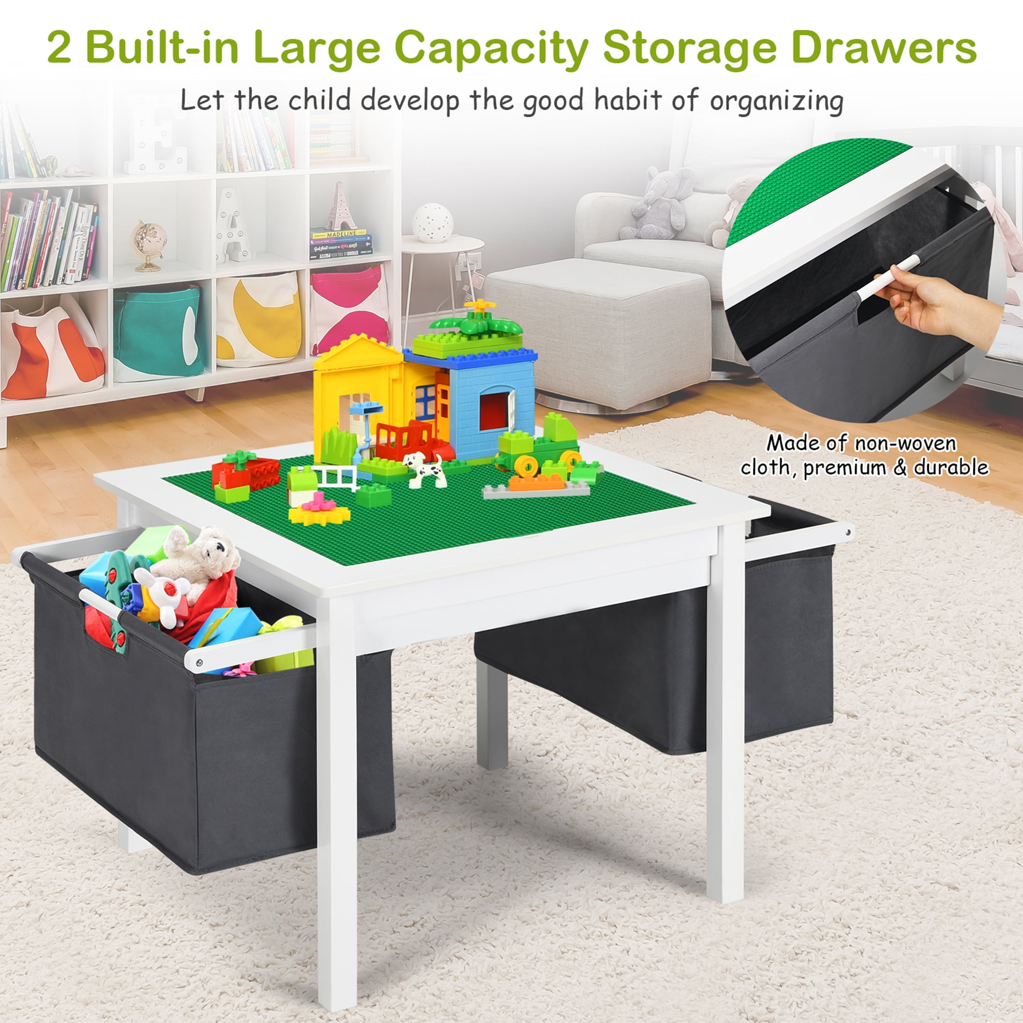 Gymax 2-in-1 Kids Activity Table & 2 Chairs Set w/Storage Building Block Table White
