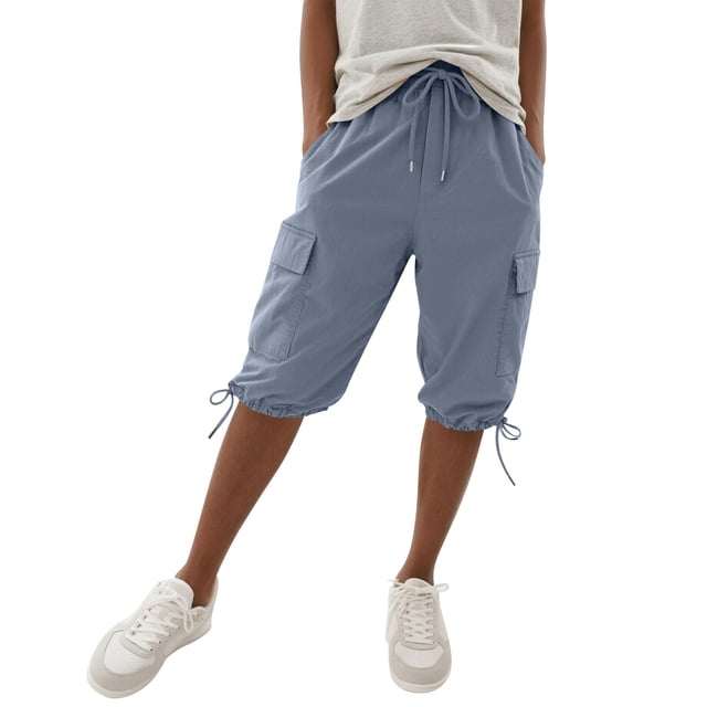 Hngshg Plus Size Cargo Capris for Women Bow Drawstring Solid Color Casual Pants with Pockets Summer Vacation Workout Pants