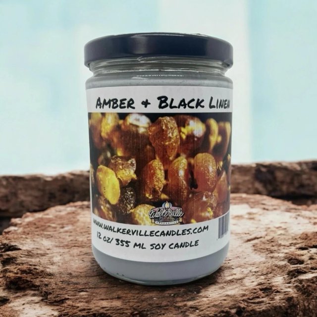 Amber & Black Linen Vegan Coconut Soy 12 oz/ 355 ml Candle Hand-poured, Eco-friendly, Clean Burning, Woodsy/ Clean Wood Wick
