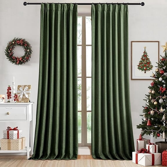 Nalqet Linen Pinch Pleated Full Blackout Curtains for Bedroom - 2 Pages Black Out Olive Green Curtains 84 Inch Long 2 Panel for Living Room Darkening Thermal Window Curtain Drapes with 16pc Hooks