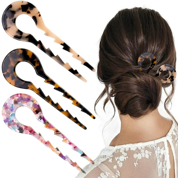 3 piezas de palillos de pelo francés de acetato, pinzas de pelo francesas en forma de U, accesorios para el cabello de horquilla de pelo de concha de tortuga de acetato de celulosa vintage, para