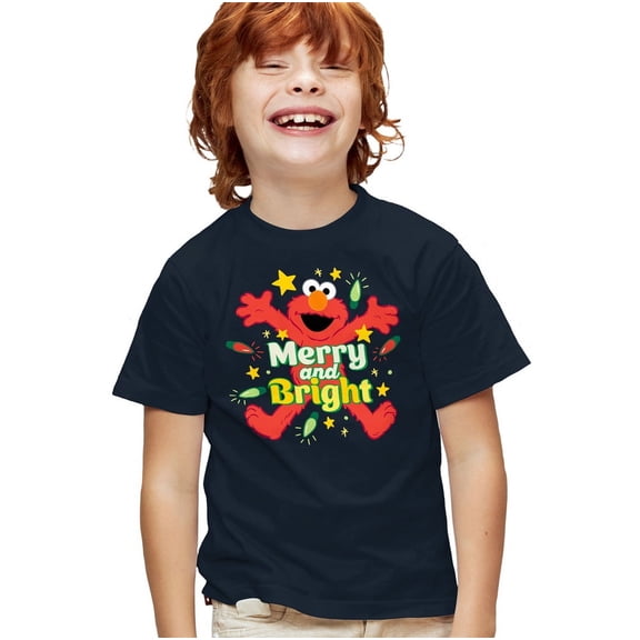 Sesame Street Christmas Merry And Bright Elmo Kids T Shirt for Youth Boys and Girls, Navy, Small