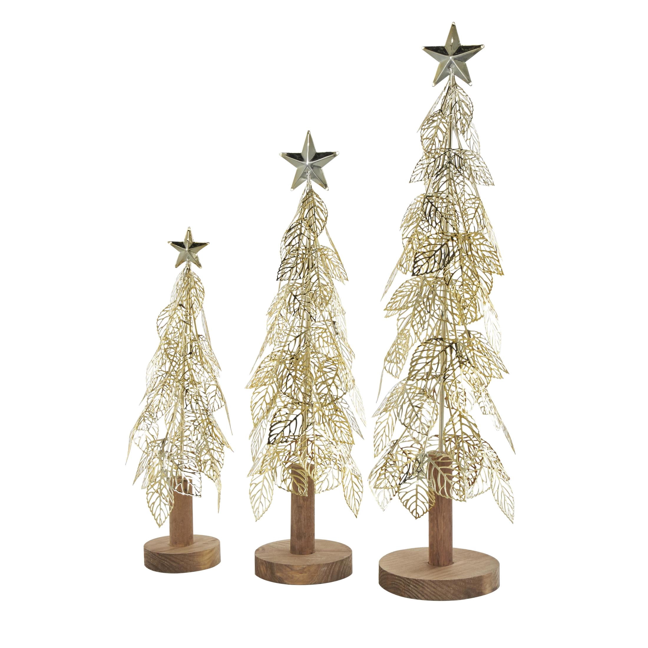 22", 18", 14"H Gold Metal Holiday Cutout Leaf Tree Christmas Sculpture with Wooden Base and Star Topper, by DecMode (3 Count)