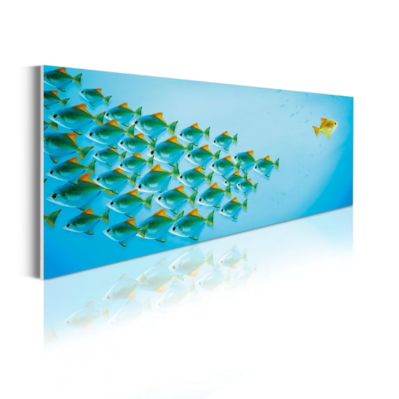 Animal Acrylic Glass Wall Art, Flock of Fish Swimming Opposite Stream Against Deep Ocean Underwater, Panoramic Decor Living Room Bedroom & Dorms, 47" x 16", Sky Blue Green and Khaki, by Ambesonne