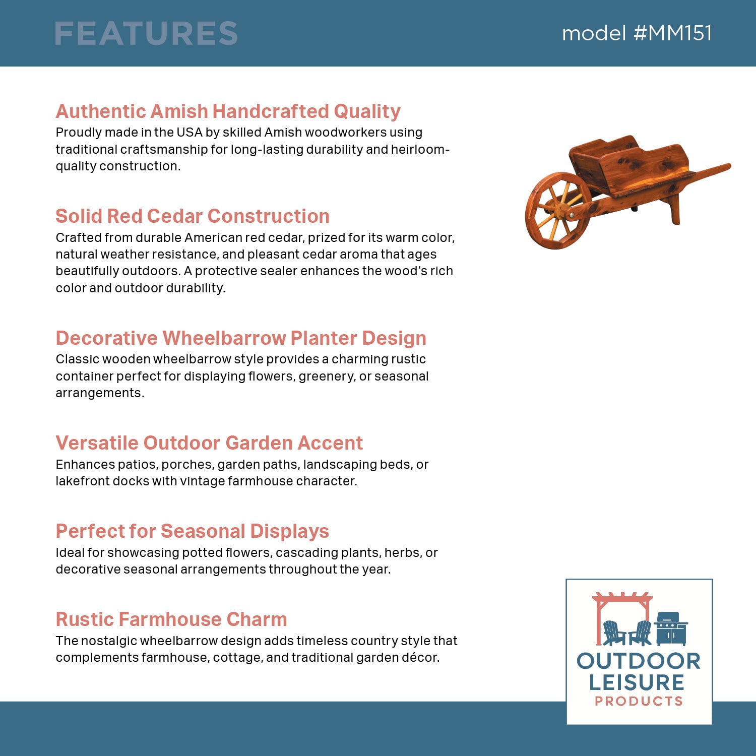 Rustic Cedar Decorative Wheelbarrow Planter – Amish Handcrafted Wooden Garden Wheelbarrow for Flowers