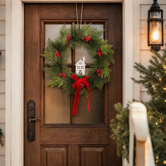 Fmbmuo Christmas Decor Wreath Decoration Artificial Bow Pine Branches and Berries Door Hanging Wall Ornament 45cm Ornaments,Green