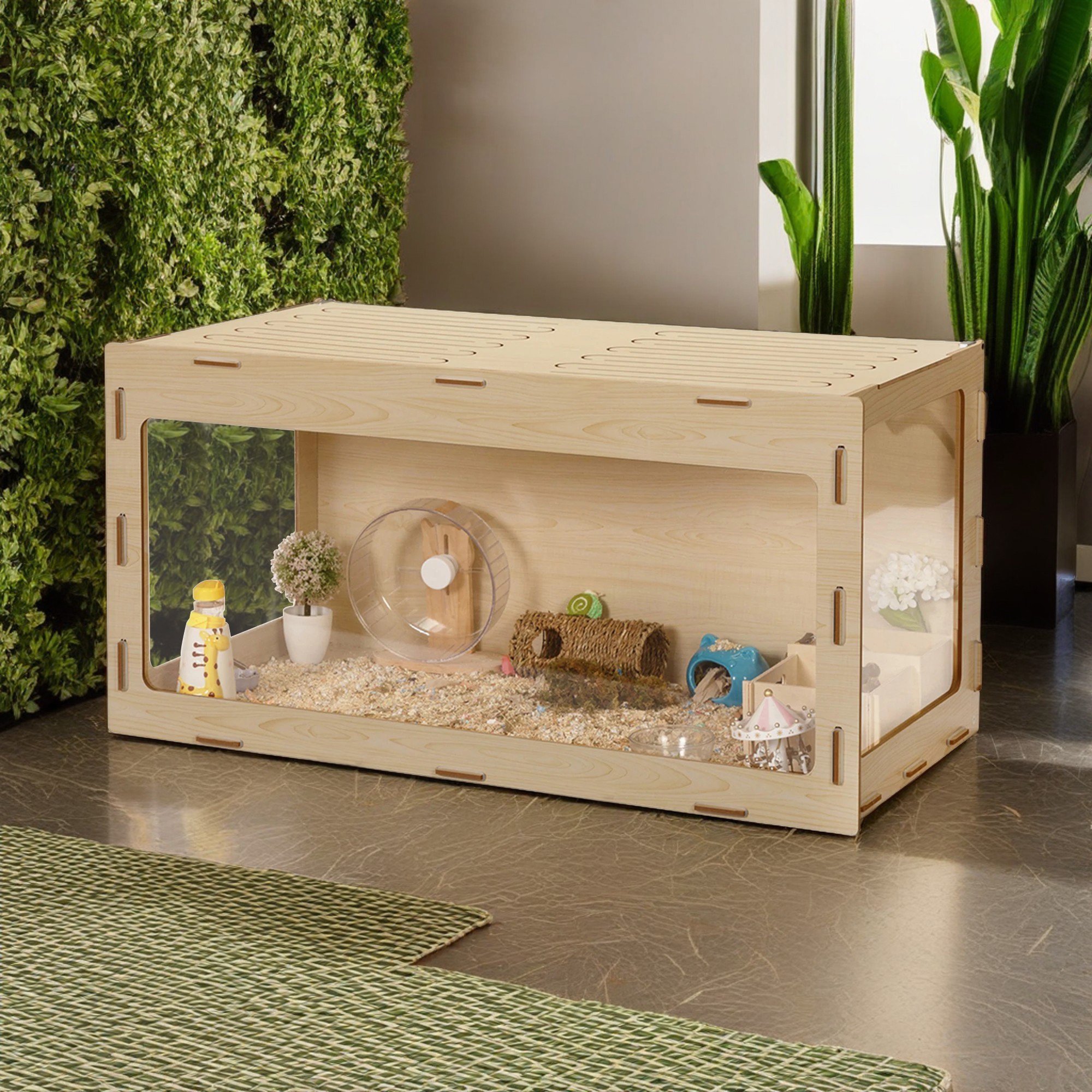 Demi Bonn 31" Wood Hamster Cage for Indoor, Acrylic Hutch for Dwarf Hamster, Guinea Pig, Chinchilla, Beige