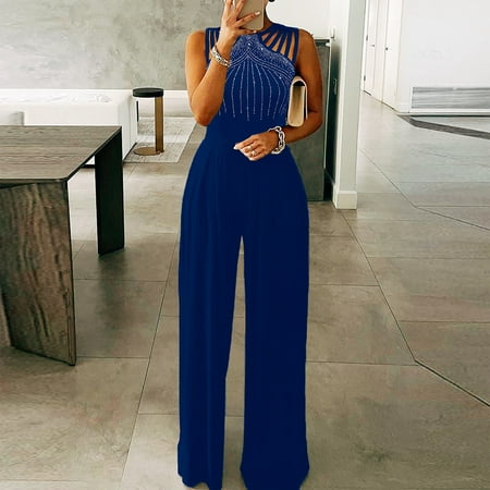 

Women Diamond Solid Halter Jumpsuit Pajamas Casual Wide Leg Pants