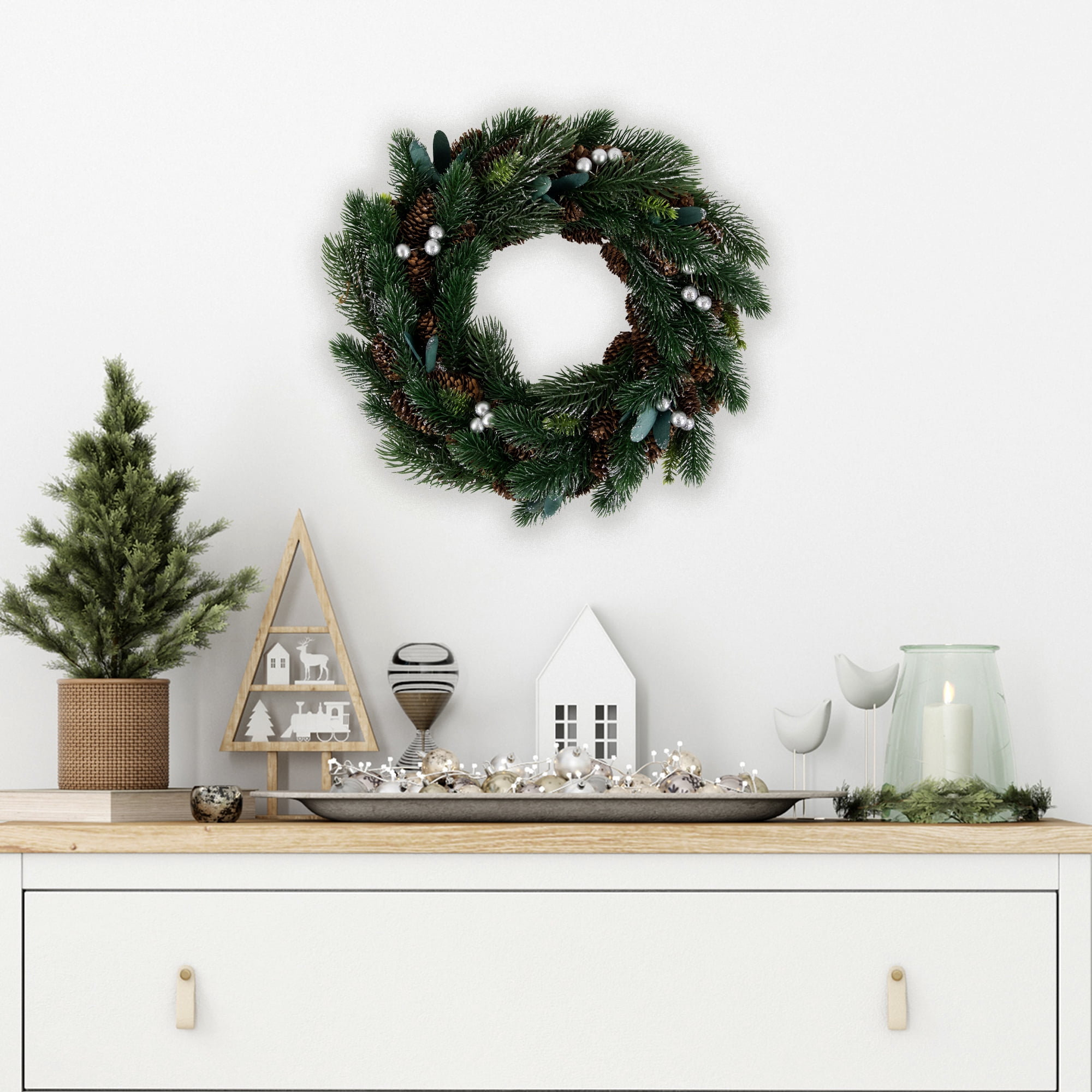 Northlight Glittered Pine, Berries and Pinecones Small Artificial Christmas Wreath - 14" - Unlit