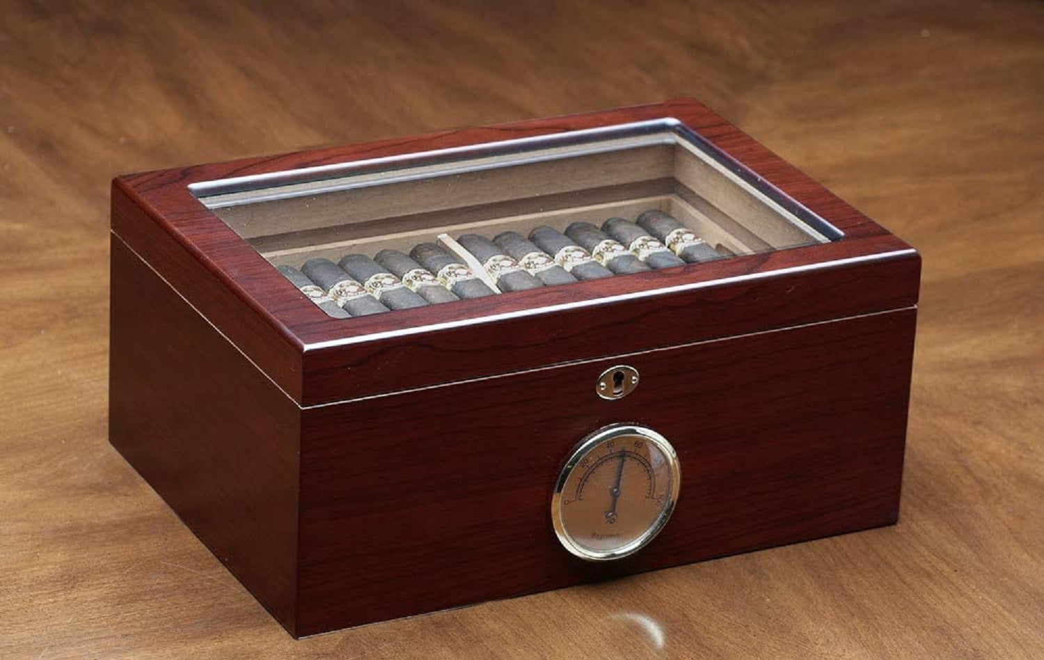 Berkeley Glass Top Cigar Humidor w/External Hygrometer - Cherry Finish - Capacity: 100