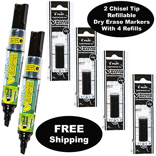 Refillable Dry Erase Markers, Pilot V Board Master, 2 Black Ink Chisel