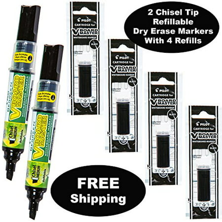 Refillable Dry Erase Markers, Pilot V Board Master, 2 Black Ink Chisel Tip Markers with 4