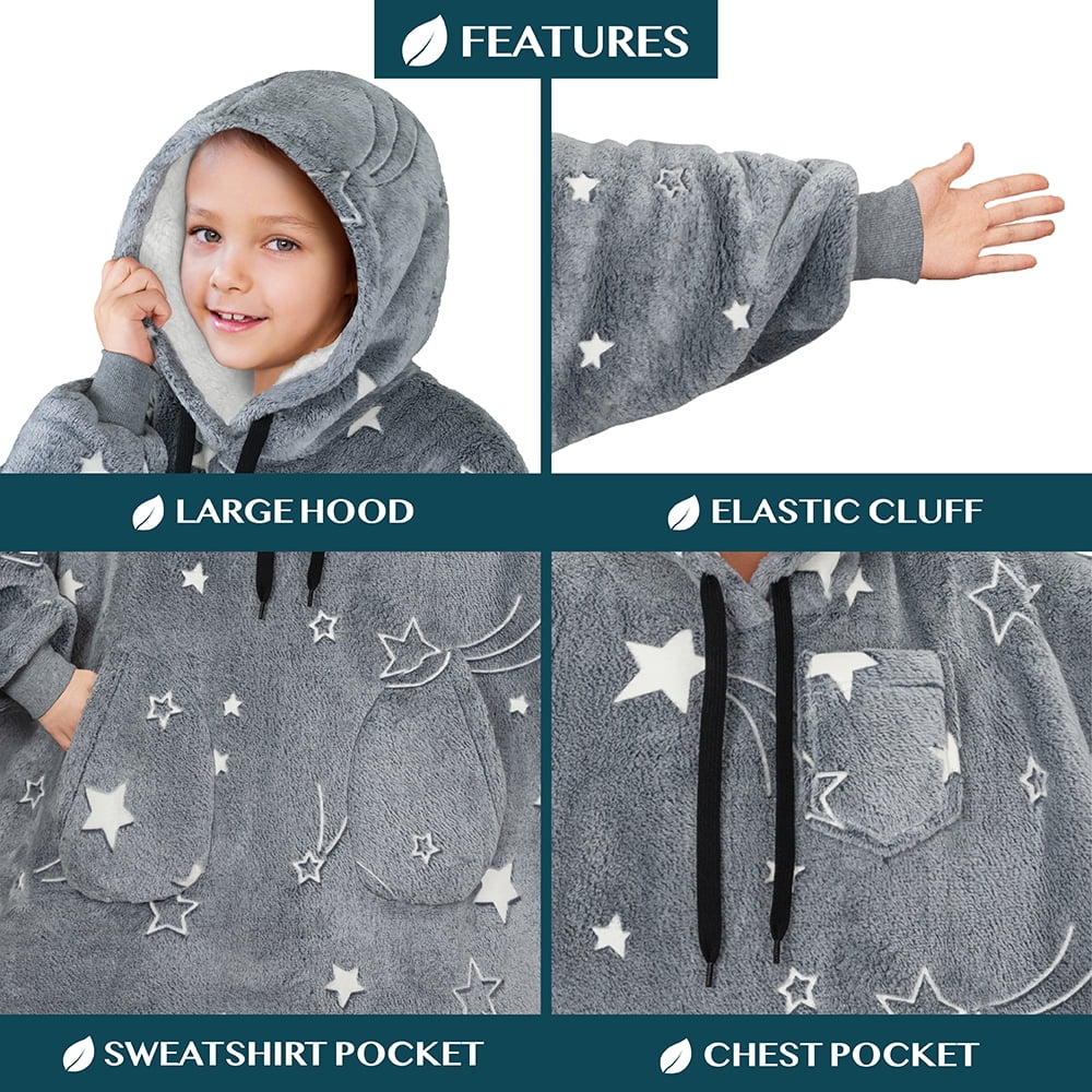 PAVILIA Wearable Blanket Sweatshirt for Kids Boy Girl, Warm Cozy Giant Hoodie with Two Pockets and Long Sleeves, Fleece Sherpa Oversized Hooded Blanket Pullover Gift for Teens Youths, Glow Star Gray