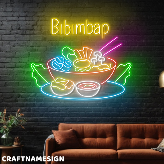 Craftnamesign Bibimbap Neon Sign, Korean Rice Bowl Wall Art, Korean Restaurant Decor