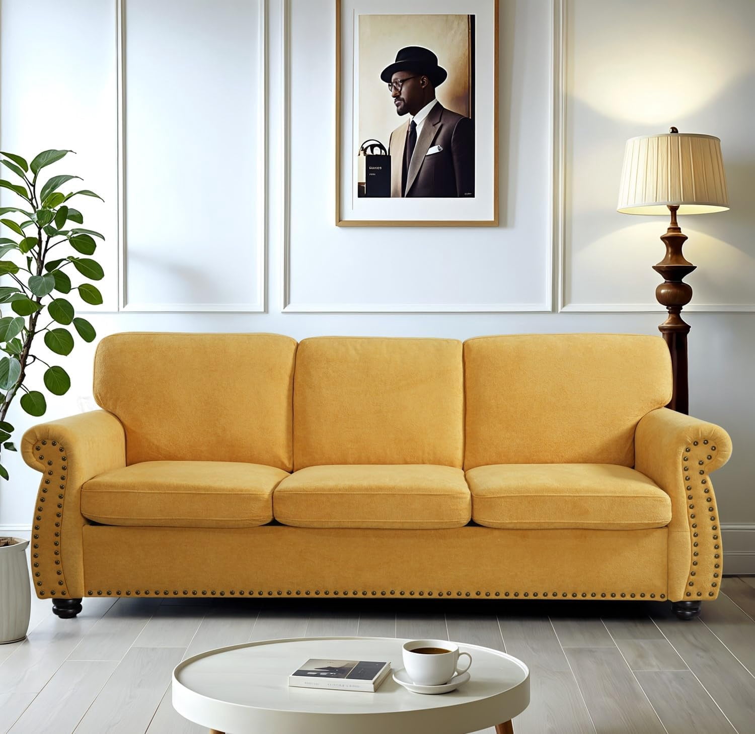 US Pride Furniture 91 in. Wide Rolled Arm Velvet Modern Rectangle Sofa in Yellow For Home