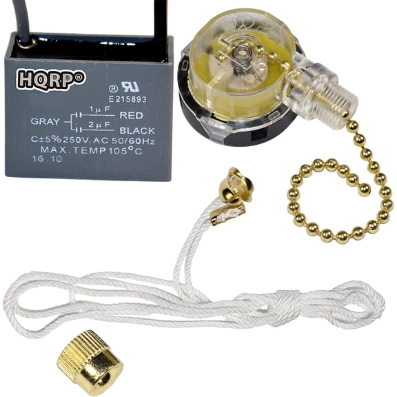 HQRP Kit Ceiling Fan Capacitor CBB61 1uf 2uf 3-Wire and 3-Speed Fan Switch