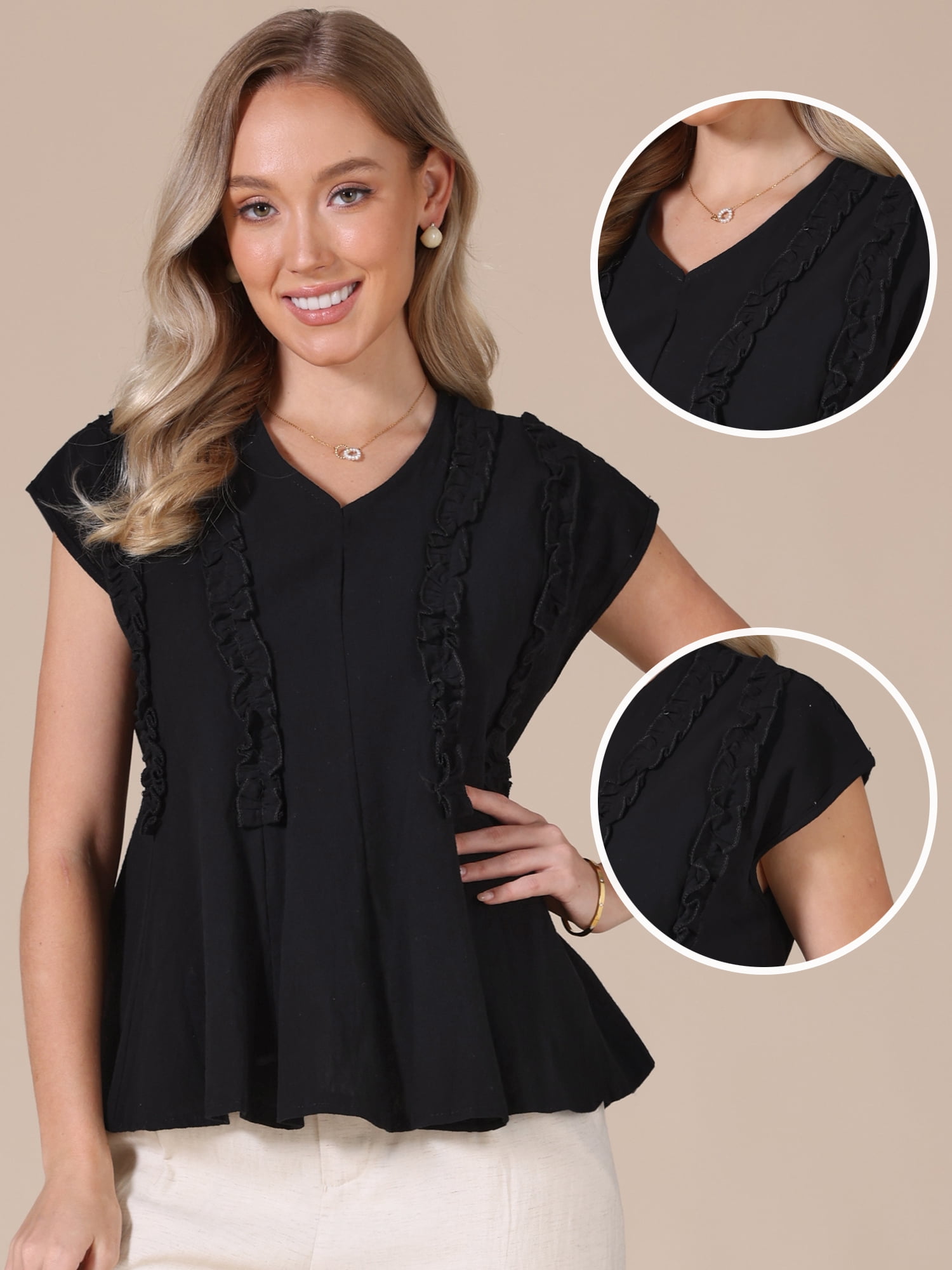 DARING DIVA Women's Peplum Tops Short Sleeve V Neck Blouse Cotton Loose Tie Back M Black