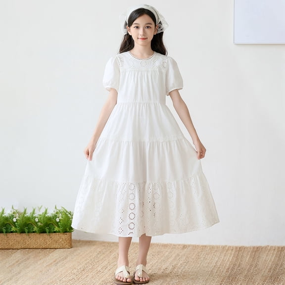 SGFCWSX Girls Tiered Maxi Dress Puff Short Sleeve Eyelet Embroidery Casual Sundress White Size 11 Years