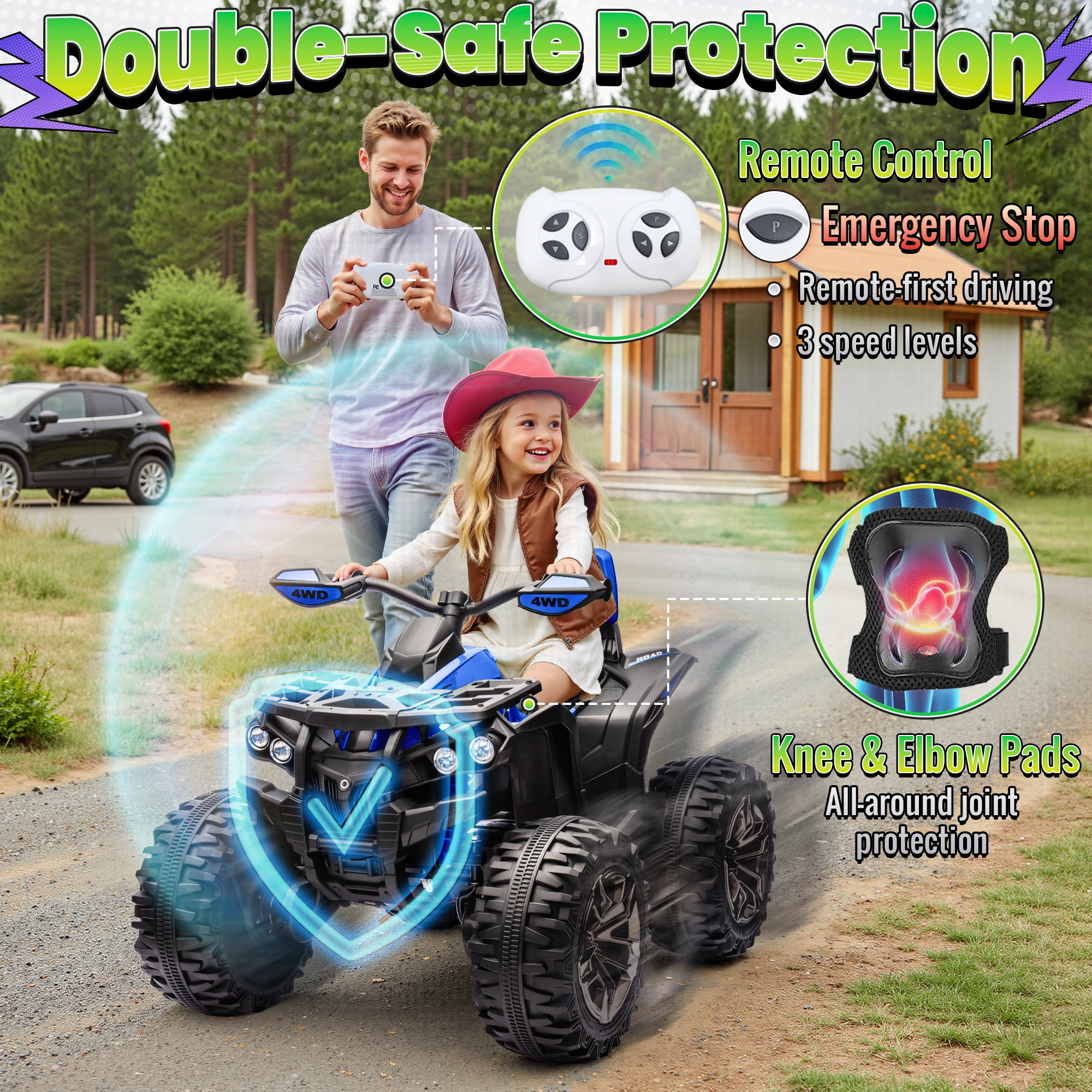 Joyracer 4WD ATV for Kids, 24 Volt Ride on Toys with Remote, Power Car Wheels, Outdoor Gift with 800W Motor, Bluetooth Music, Horn, LED, Blue