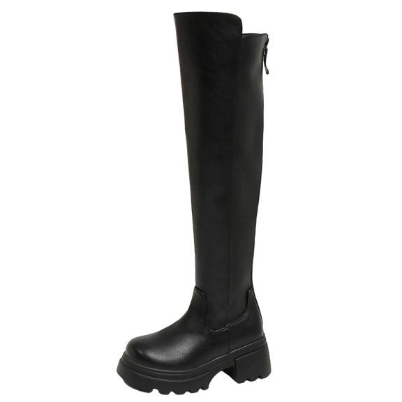 Xfvqtps Womens Thigh High Boots Zippeer Back Thick Sole Round Toe Faux Leather over the Knee Boots