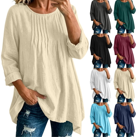 Bixock Women's Maternity Tops Long Sleeve Shirts Crew Neck Cotton Linen Solid Color Loose Pregnant Casual Blouse Soft Breathable Daily Wear Maternity Clothings