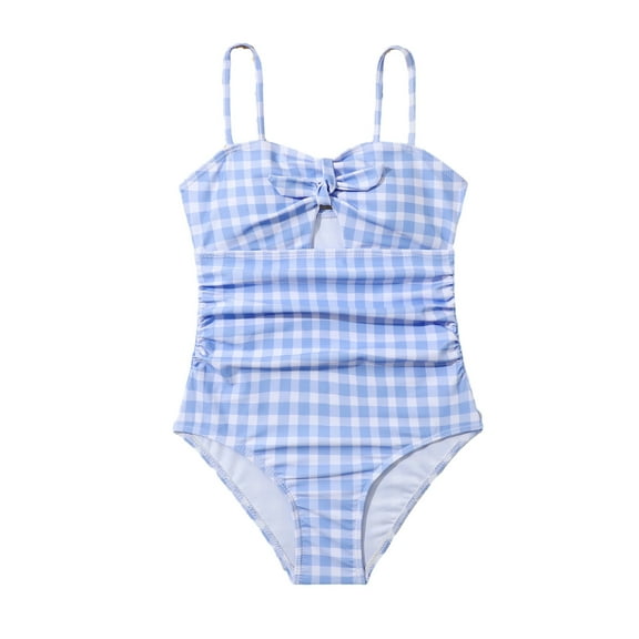 Odeerbi One Piece Swimsuit for Kids Girls Bathing Suit High Cut Swimwear Checkered Beachwear Summer Striped Bikini Blue
