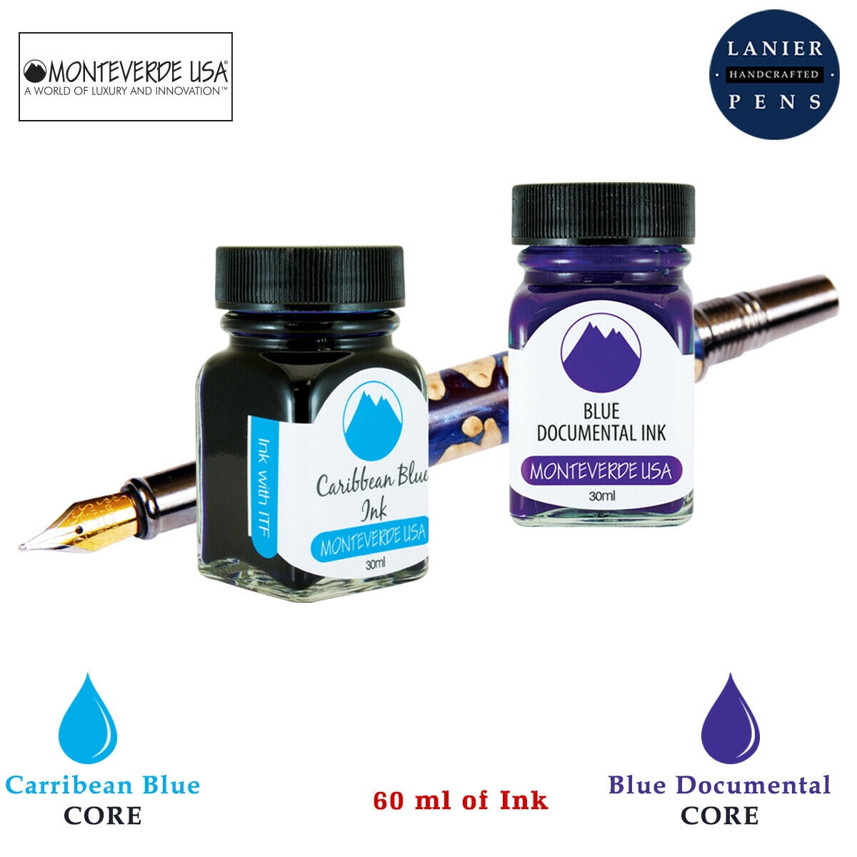 Monteverde 60ml Core Fountain Pen Ink Bottle (30ml Caribbean Blue Ink Bottle G309CU, 30ml Blue Documental Ink Bottle G309DU)
