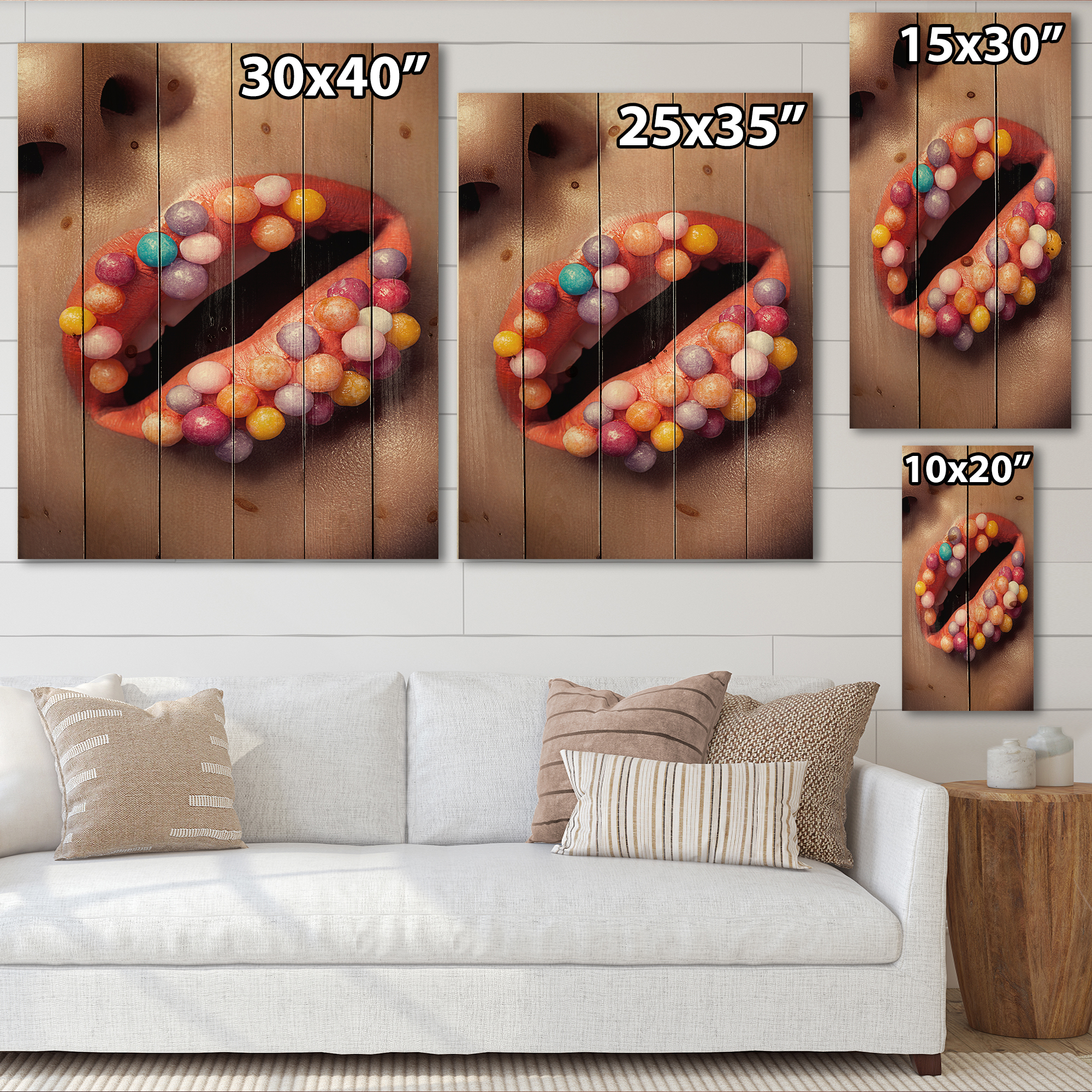 Designart 'Close Up of Creative Make Up On Woman Lips With Lolipops' Modern Print on Natural Pine Wood
